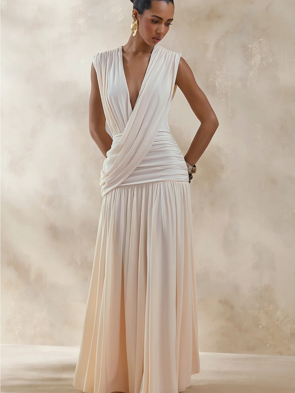 Club L London Cream Draped Plunge Maxi Dress Ruched Goddess Gown Size 6, 10